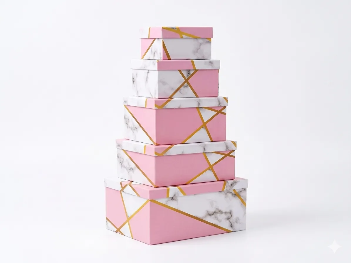 طقم صناديق هدايا فاخرة - تصميم رخامي وردي مع خطوط ذهبية